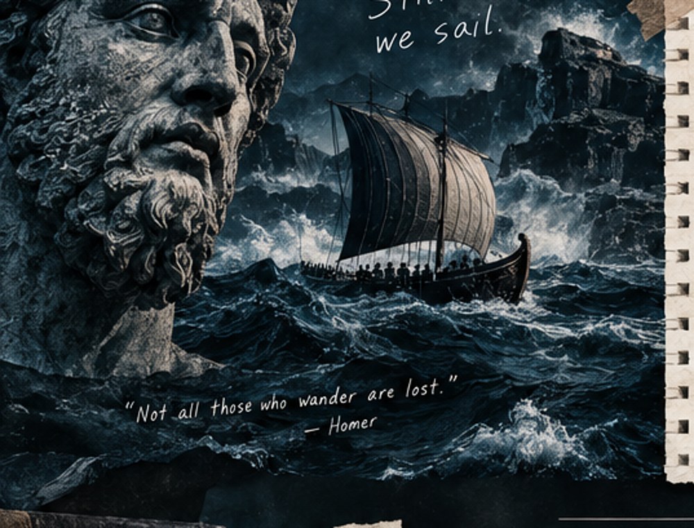 Stormy ancient sea and ship